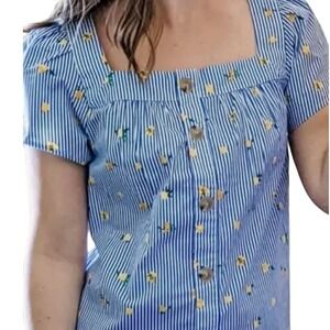 J.Crew‎ Lemon Print Top Blue White Striped Button Down Square Neck Blouse Large